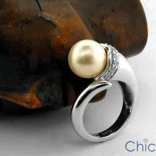 10MM Synthetic Pearl Cubic Zirconia Pave 14K White Gold  Right Hand Ring