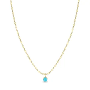 14K Gold Bar Chain Neckace with Single Prong-Set Turquoise Drop