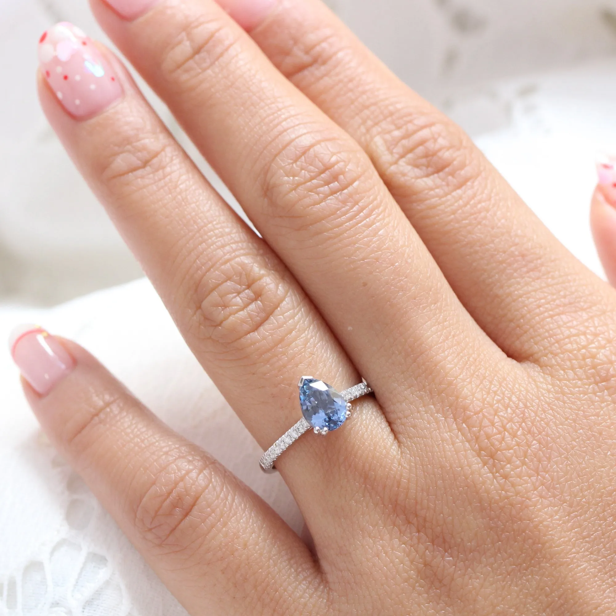 1.65 Ct Pear Aqua Blue Sapphire Diamond Ring in 14k White Gold Grace Solitaire, Size 6.5