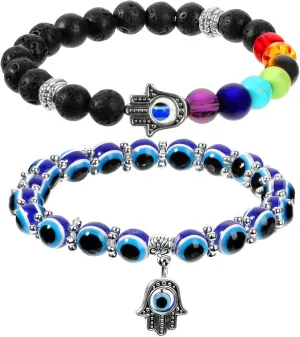 2 Pieces Evil Eye Bracelet Hand of Fatima Bracelet 7 Chakras Evil Eye Stretch Beaded Hamsa Hand Gemstone Good Luck Protection Crystals Healing Stones for Women