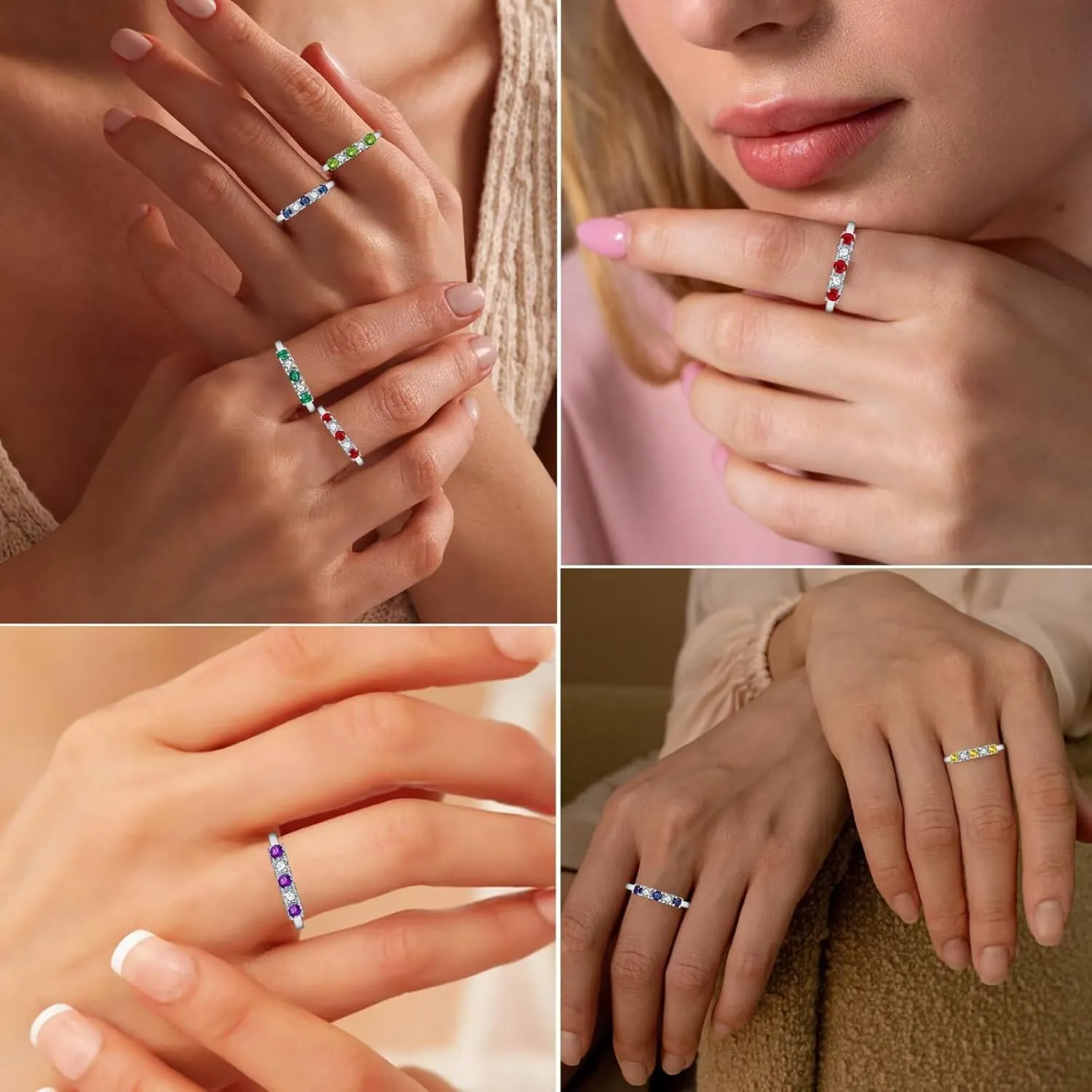 5 Stone Birthstone Rings for Kids Teens Girls Women Size 2-9 Stainless Steel Birthday Mother's Ring Daughter Kids Gifts Eternity Wedding Band Anniversary Ring