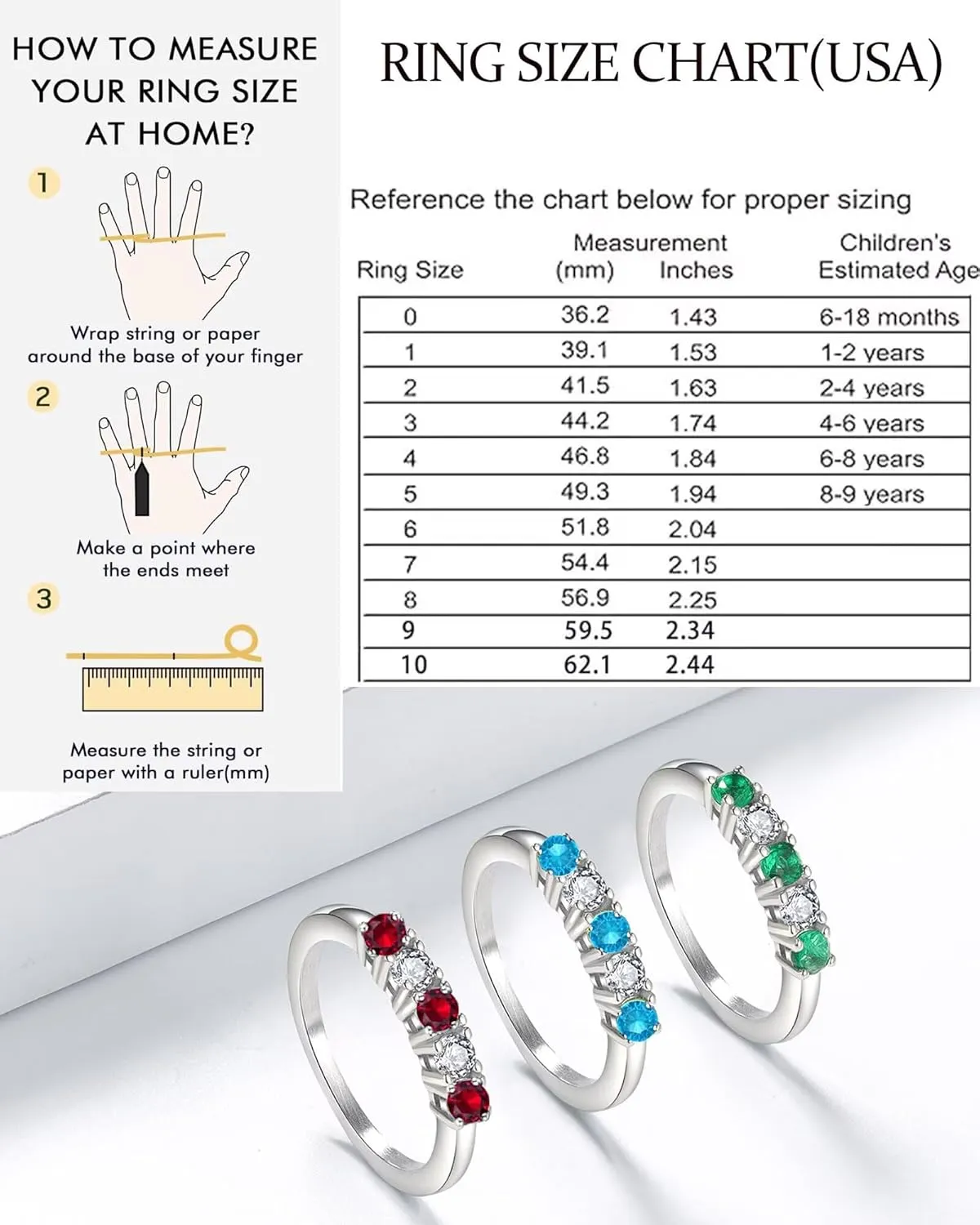 5 Stone Birthstone Rings for Kids Teens Girls Women Size 2-9 Stainless Steel Birthday Mother's Ring Daughter Kids Gifts Eternity Wedding Band Anniversary Ring