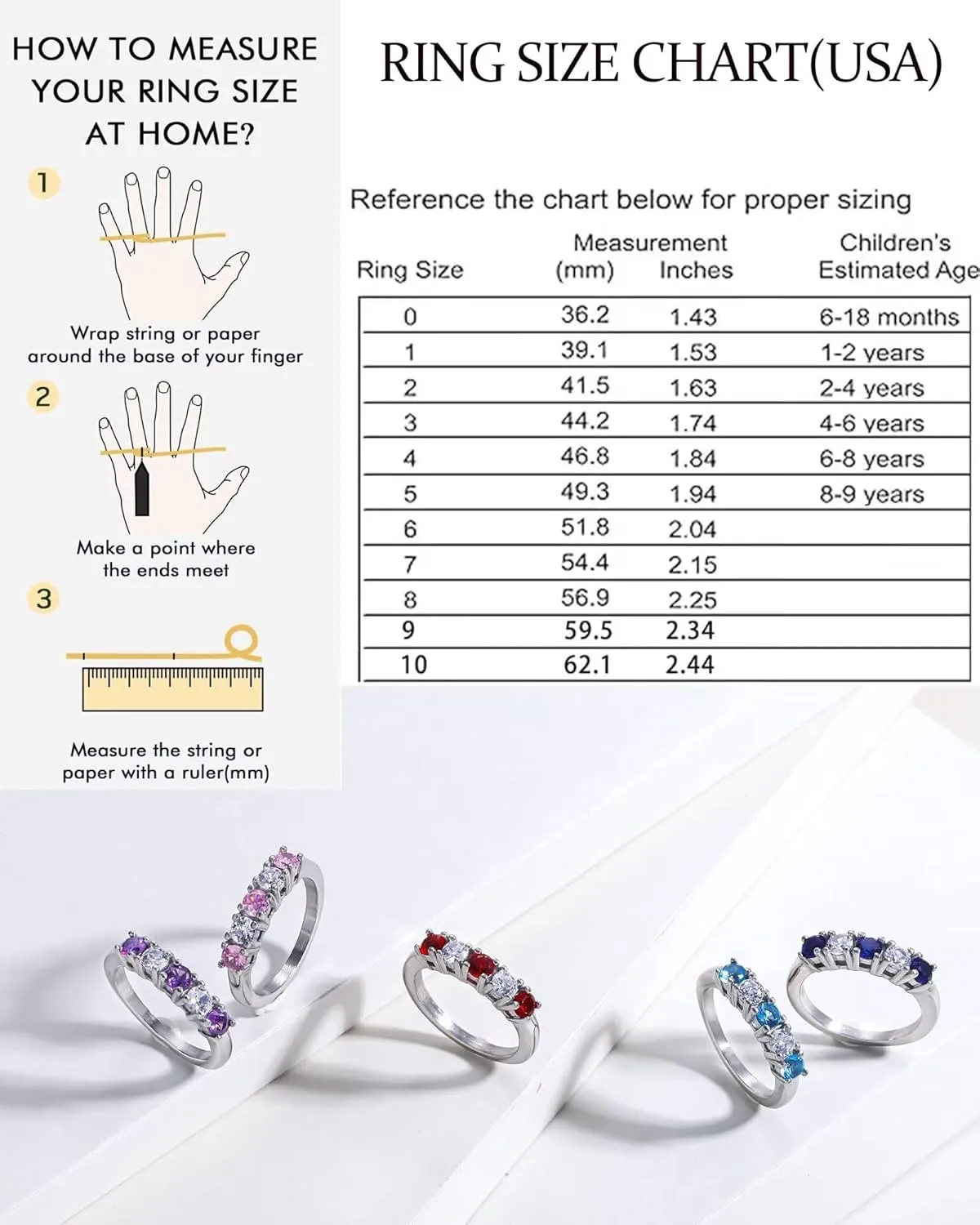 5 Stone Birthstone Rings for Kids Teens Girls Women Size 2-9 Stainless Steel Birthday Mother's Ring Daughter Kids Gifts Eternity Wedding Band Anniversary Ring