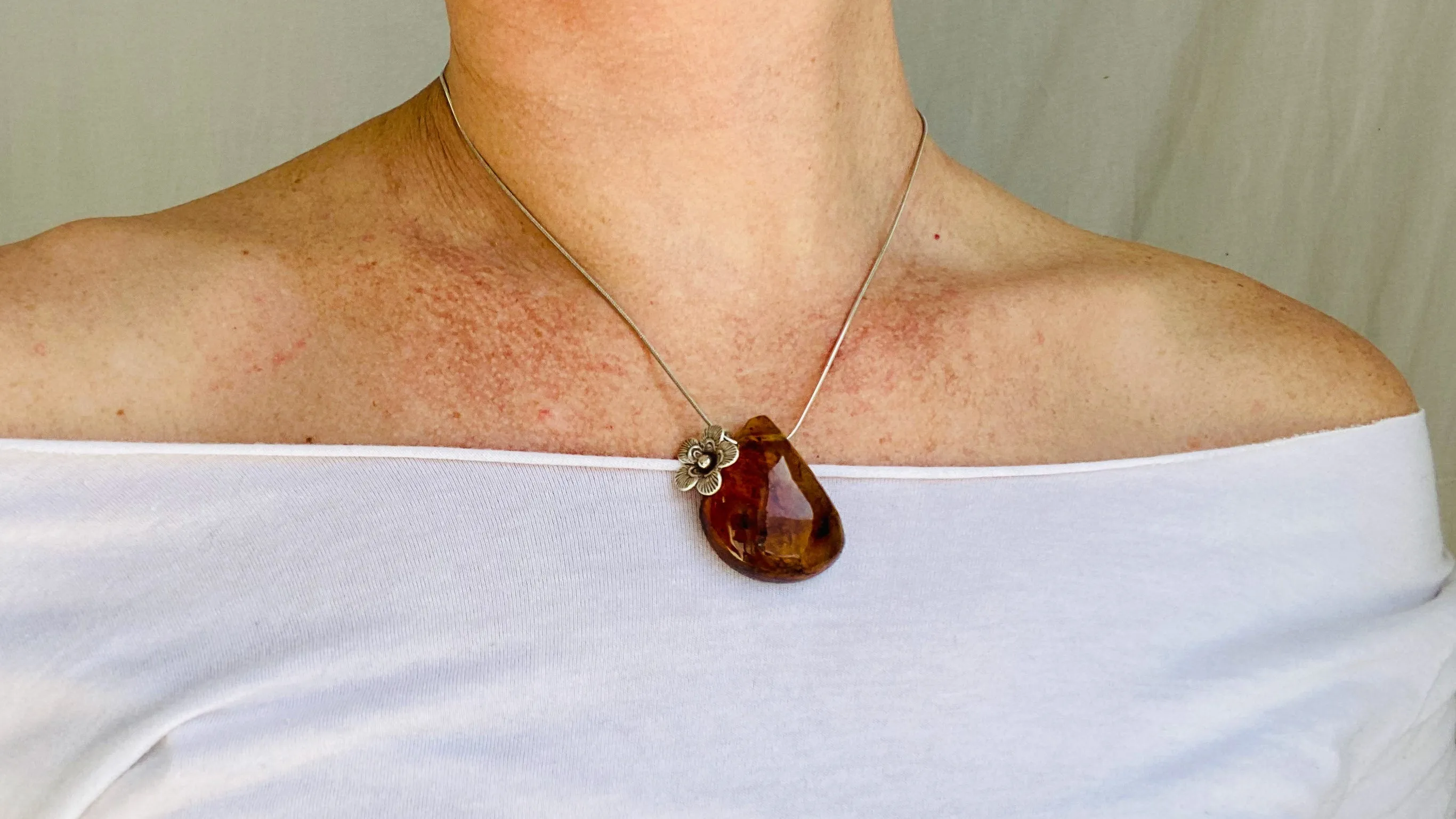 Amber Flower Pendant on a Silver Chain. Snake Chain. Atelier Aadya. 0182