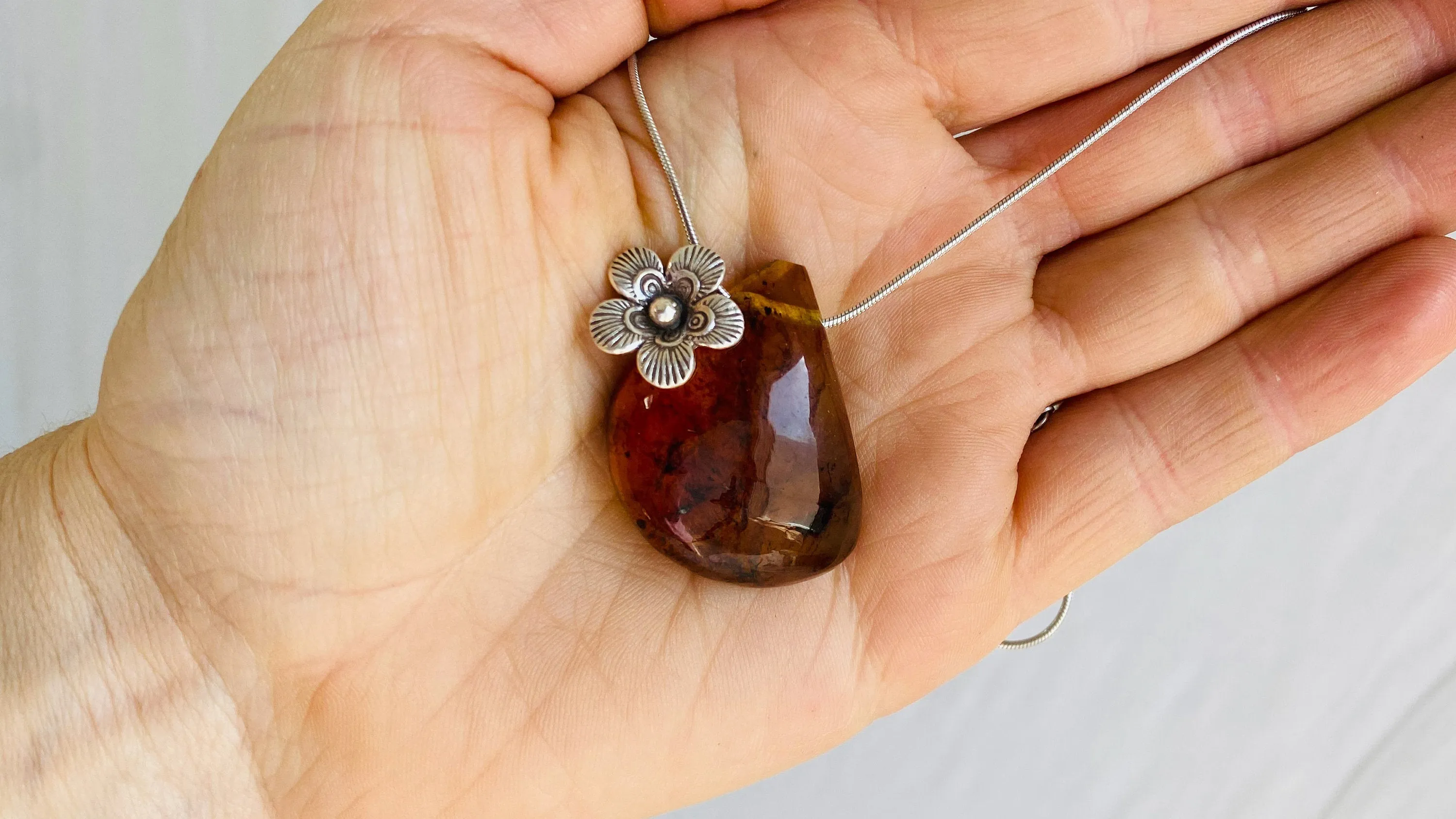 Amber Flower Pendant on a Silver Chain. Snake Chain. Atelier Aadya. 0182
