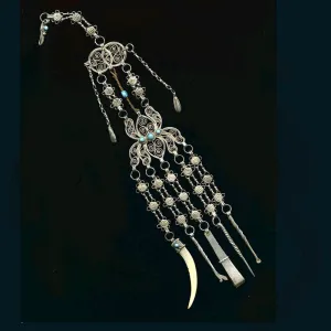 Antique Chatelaine grooming tools, Persian silver filigree with Persian turquoise. pdvs543gh