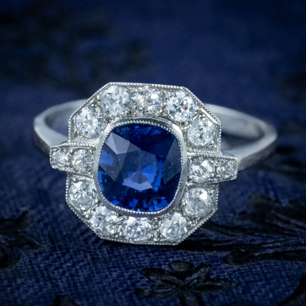 Art Deco Style Blue Sapphire Diamond Cluster Ring Platinum 1.40Ct Sapphire