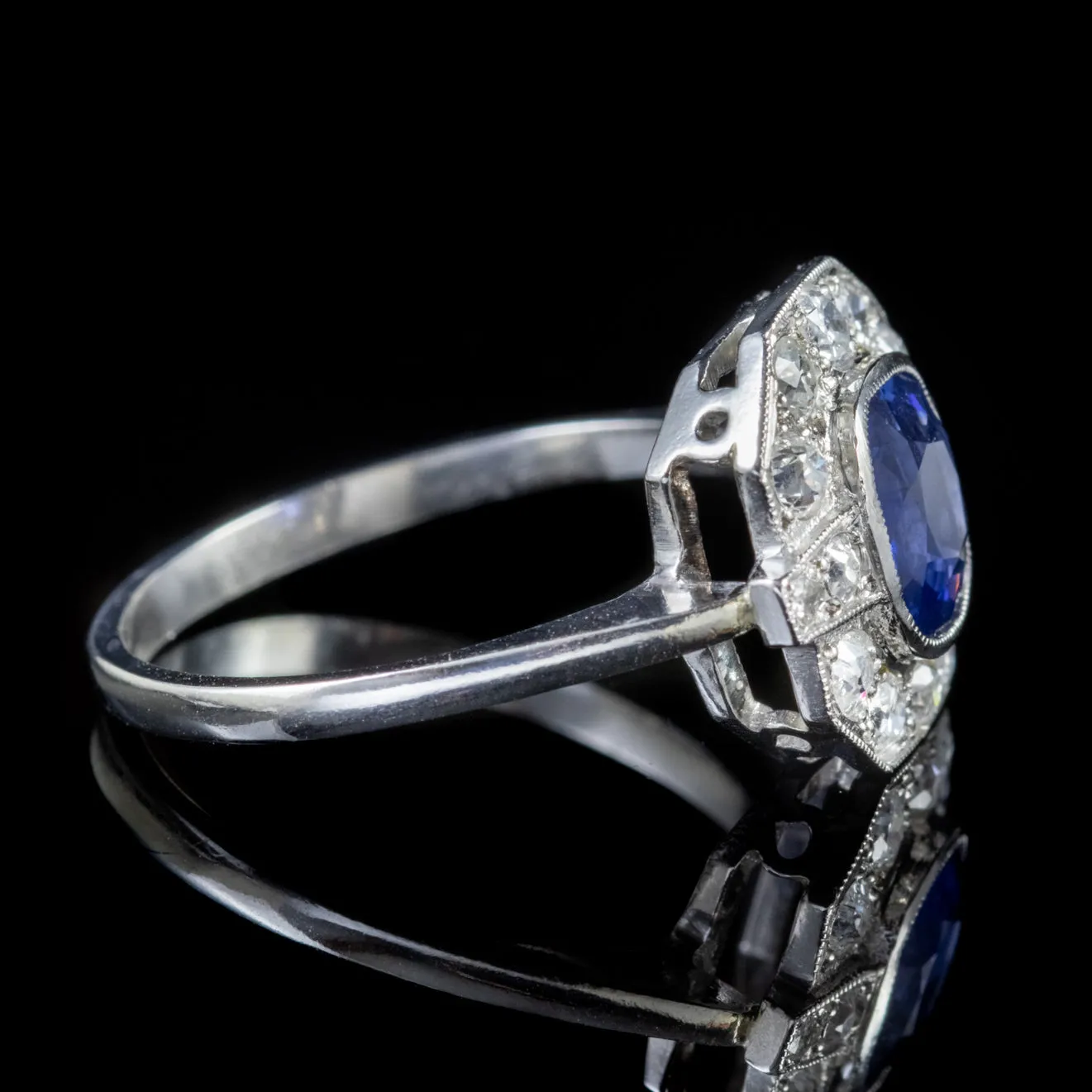 Art Deco Style Blue Sapphire Diamond Cluster Ring Platinum 1.40Ct Sapphire