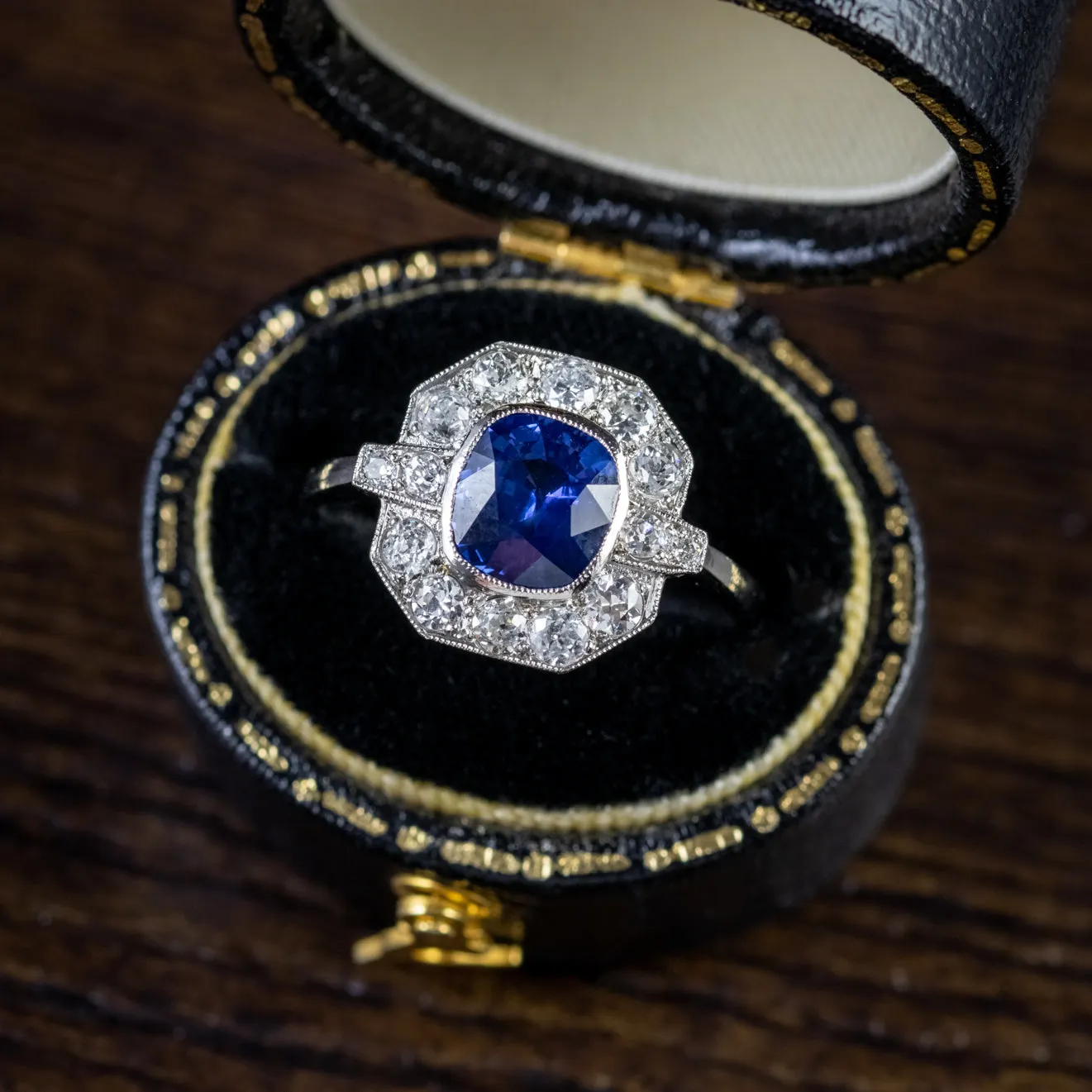Art Deco Style Blue Sapphire Diamond Cluster Ring Platinum 1.40Ct Sapphire