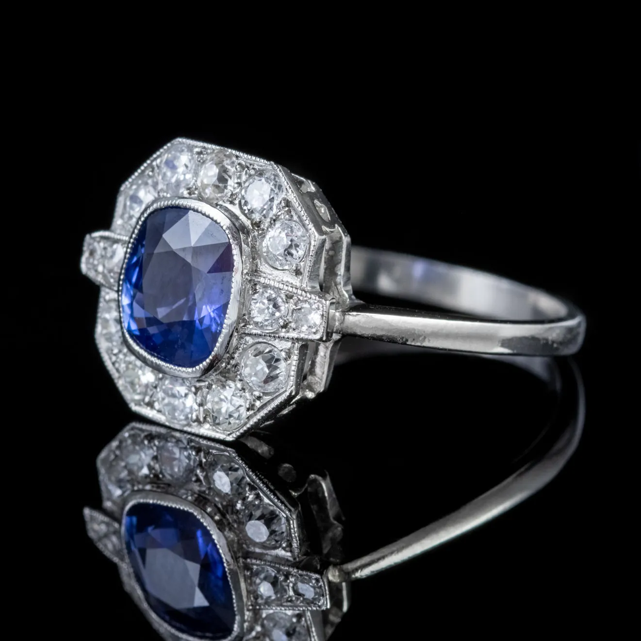 Art Deco Style Blue Sapphire Diamond Cluster Ring Platinum 1.40Ct Sapphire