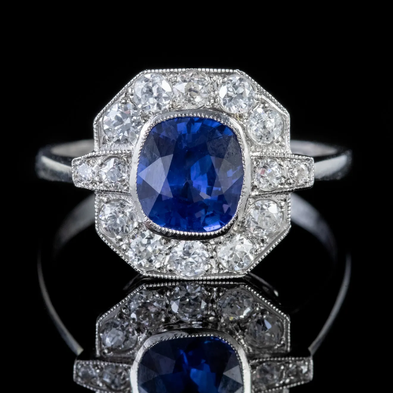 Art Deco Style Blue Sapphire Diamond Cluster Ring Platinum 1.40Ct Sapphire