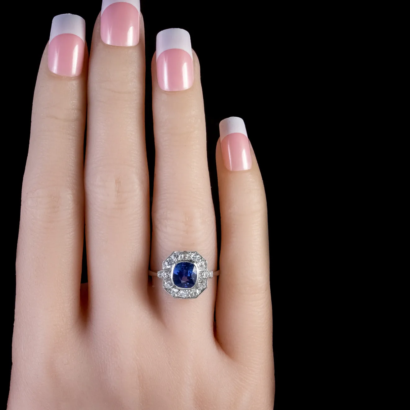 Art Deco Style Blue Sapphire Diamond Cluster Ring Platinum 1.40Ct Sapphire