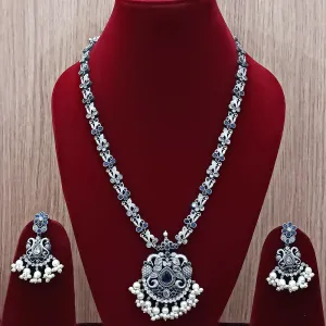 Designer Silver Oxidized & Blue Beaded Long Necklace Set (D270)