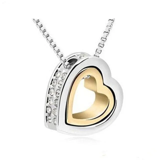 Double Heart Crystal Rhinestone Love Necklace - 6 Colors