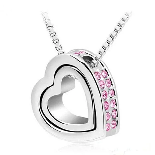Double Heart Crystal Rhinestone Love Necklace - 6 Colors