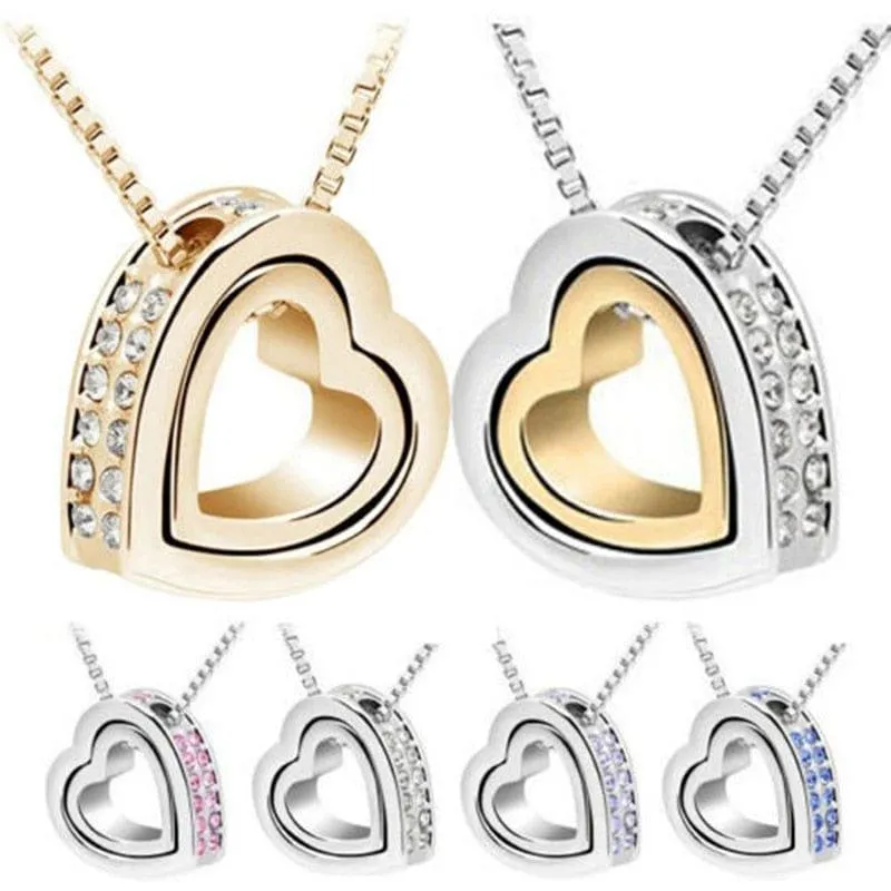Double Heart Crystal Rhinestone Love Necklace - 6 Colors