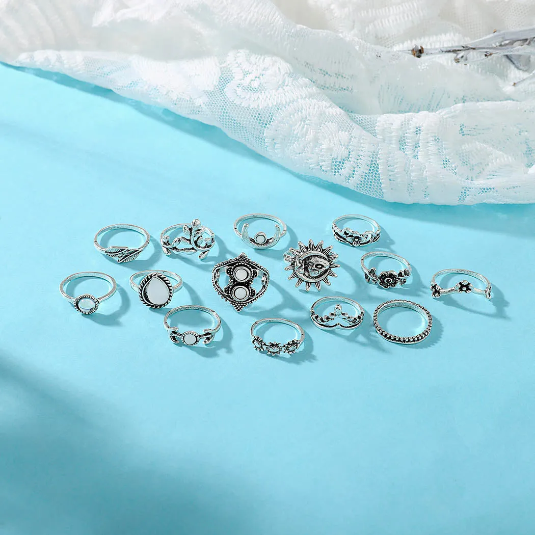 EDARY Vintage Carved Crystal & Gemstone Knuckle Ring Set for Women