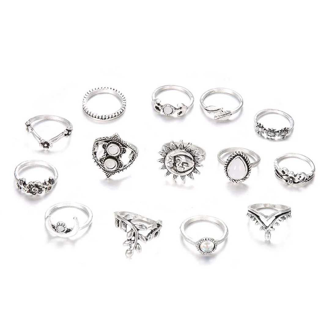 EDARY Vintage Carved Crystal & Gemstone Knuckle Ring Set for Women