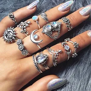 EDARY Vintage Carved Crystal & Gemstone Knuckle Ring Set for Women