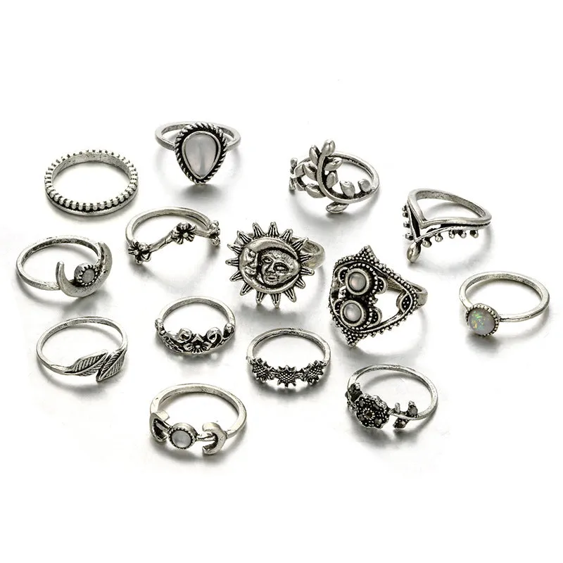 EDARY Vintage Carved Crystal & Gemstone Knuckle Ring Set for Women