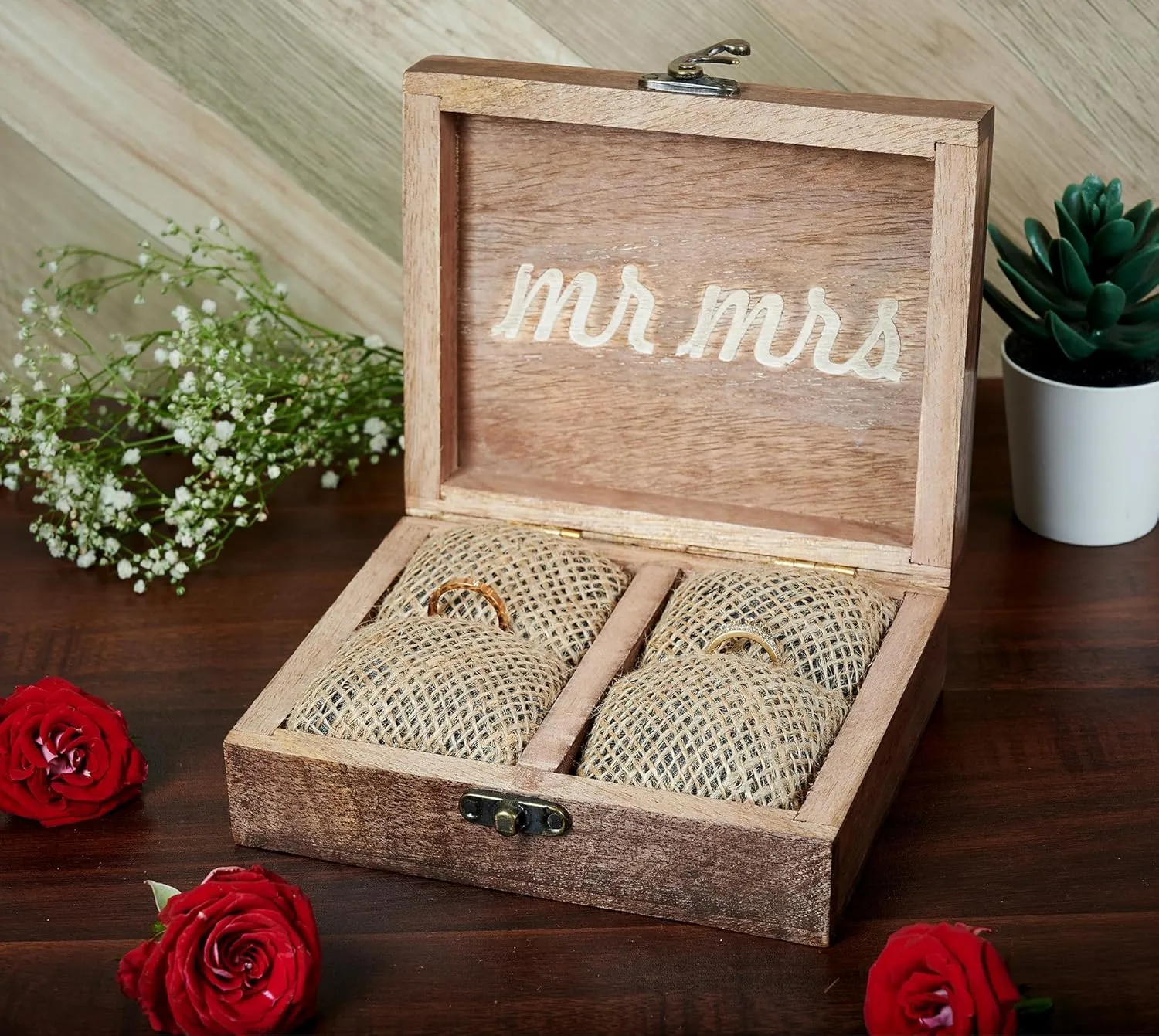 Elegant Wooden Wedding Ring Box Holder for Engagement, Proposal, and Ceremony - Rustic Ring Bearer Box, Anniversary Keepsake, Unique Bridal Gift 5X6X2 Inches (Mr and Mrs) RB01WAL