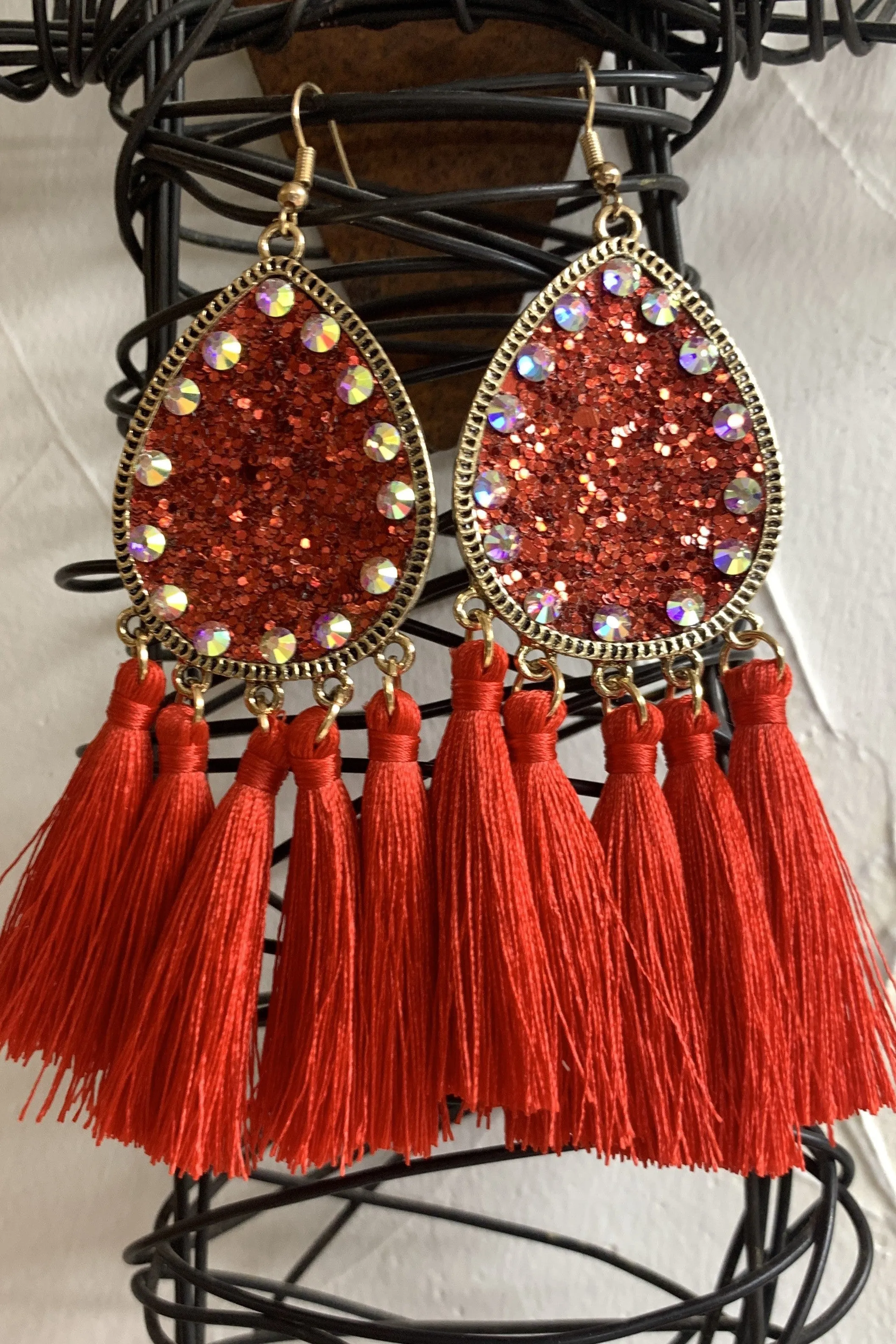Emma Red Sparkle Teardrop Earring With AB Crystal Rhinestones And Fringe Tassels