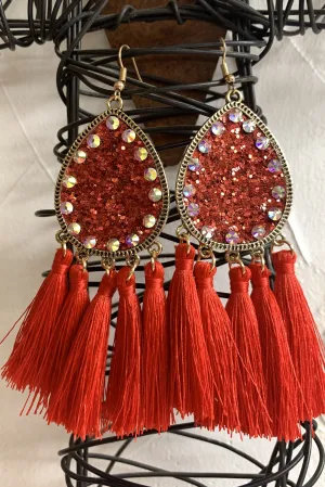 Emma Red Sparkle Teardrop Earring With AB Crystal Rhinestones And Fringe Tassels