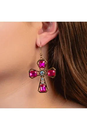 Exquisite Fuchsia Crystal Cross Dangle Earrings With AB Rhinestone Accents