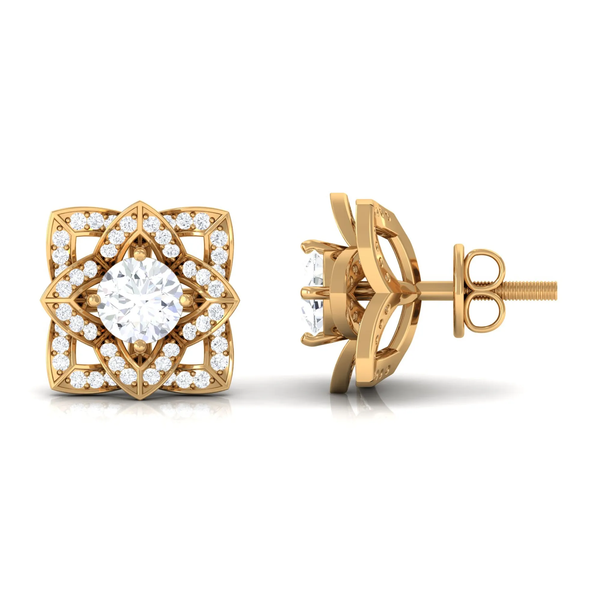 Flower Stud Earrings with Round Shape Diamond