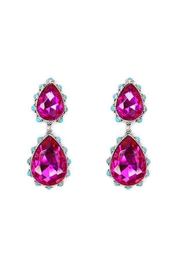 Fuchsia Rhinestone Double Teardrop Earring Surrounded By Turquoise Stones