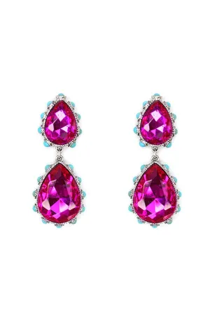 Fuchsia Rhinestone Double Teardrop Earring Surrounded By Turquoise Stones
