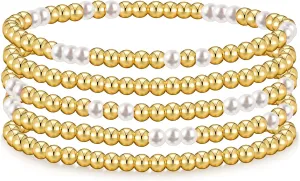 Gold Bracelets for Women Gold Bracelet Stack Pearl Beaded Bracelets for Women 14K Gold Plated Stretch Bead Ball Bracelet Sets Jewelry for Mother's Day Birthday Gifts