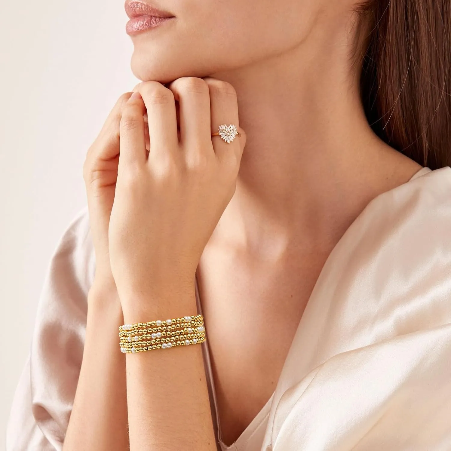 Gold Bracelets for Women Gold Bracelet Stack Pearl Beaded Bracelets for Women 14K Gold Plated Stretch Bead Ball Bracelet Sets Jewelry for Mother's Day Birthday Gifts