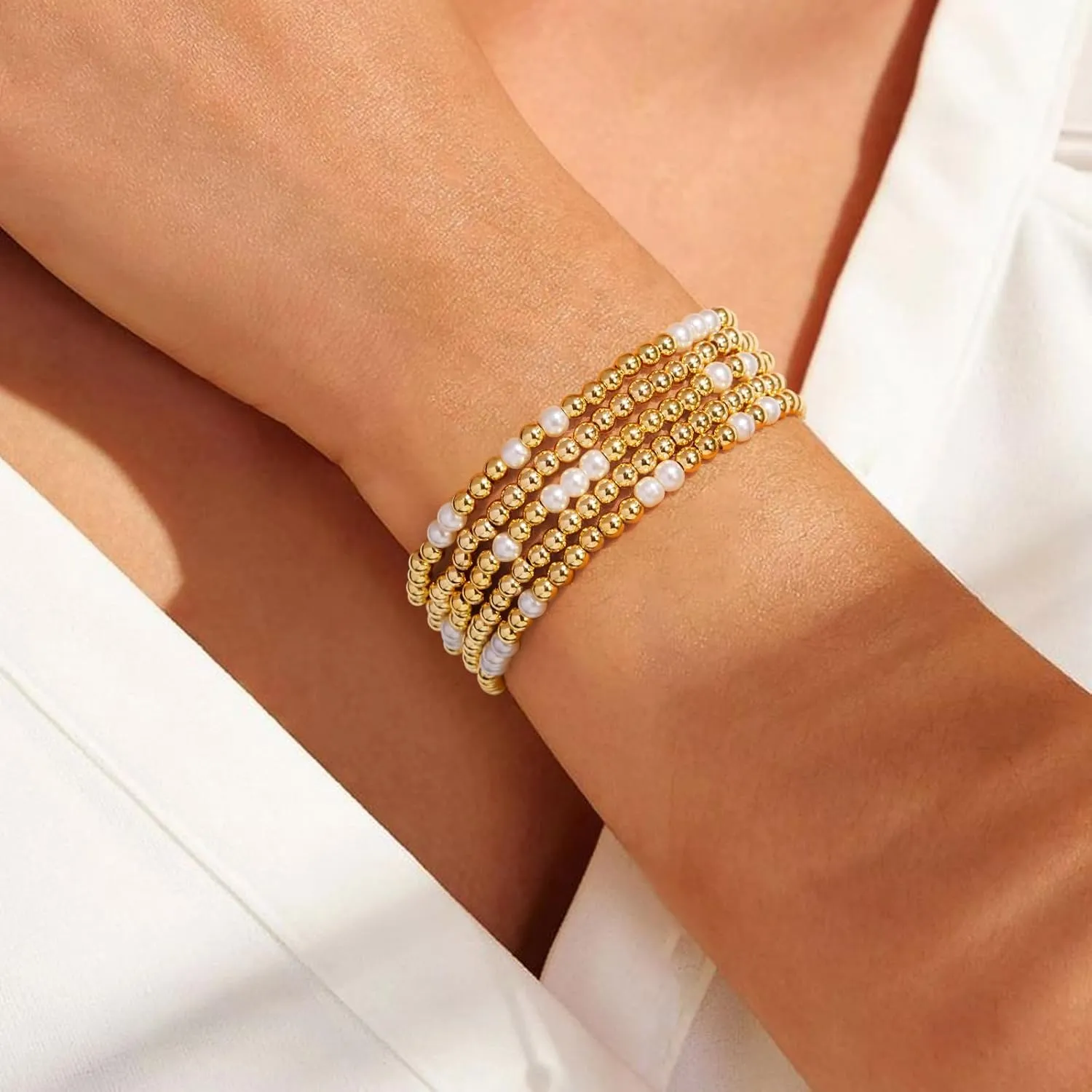 Gold Bracelets for Women Gold Bracelet Stack Pearl Beaded Bracelets for Women 14K Gold Plated Stretch Bead Ball Bracelet Sets Jewelry for Mother's Day Birthday Gifts