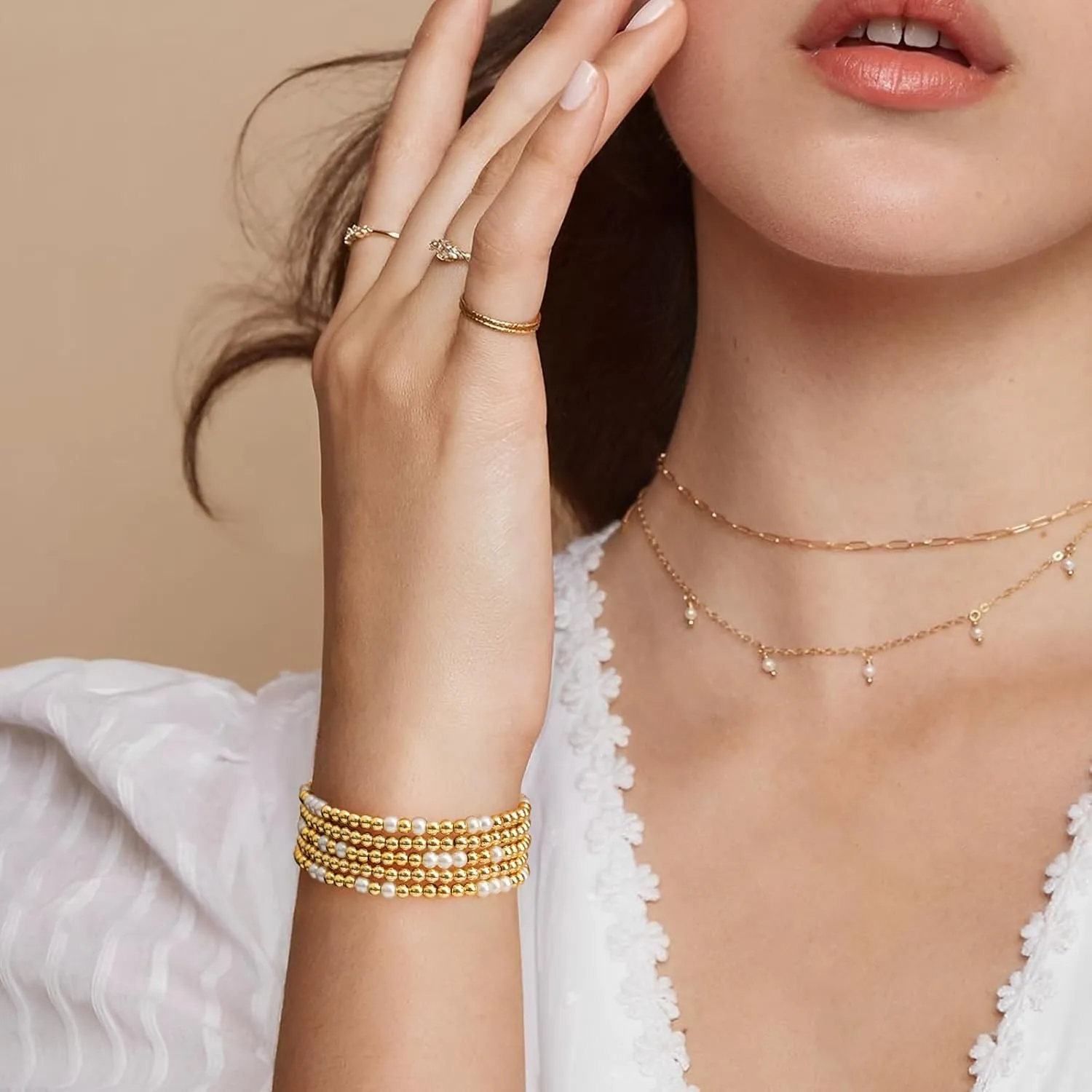 Gold Bracelets for Women Gold Bracelet Stack Pearl Beaded Bracelets for Women 14K Gold Plated Stretch Bead Ball Bracelet Sets Jewelry for Mother's Day Birthday Gifts