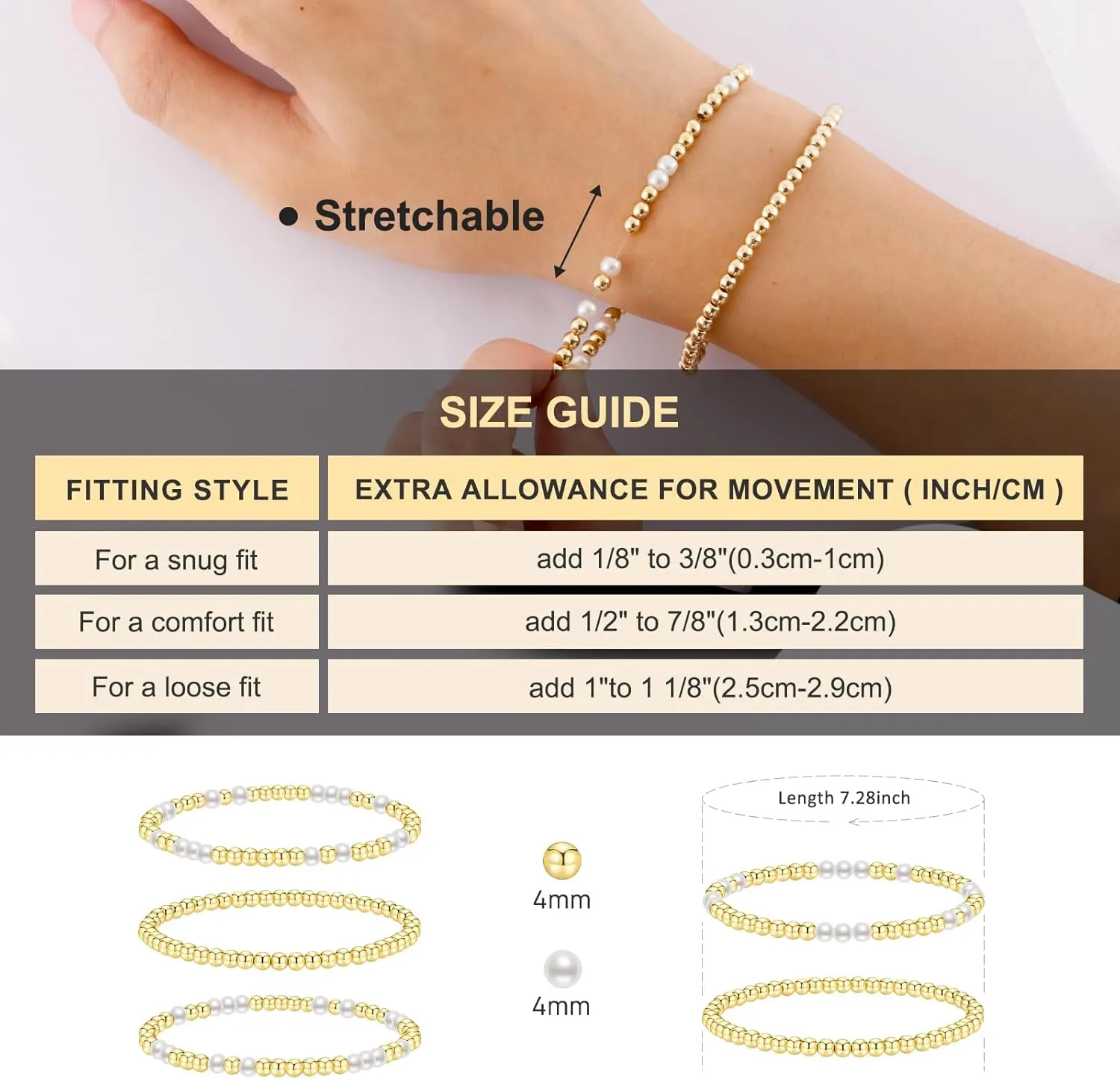 Gold Bracelets for Women Gold Bracelet Stack Pearl Beaded Bracelets for Women 14K Gold Plated Stretch Bead Ball Bracelet Sets Jewelry for Mother's Day Birthday Gifts