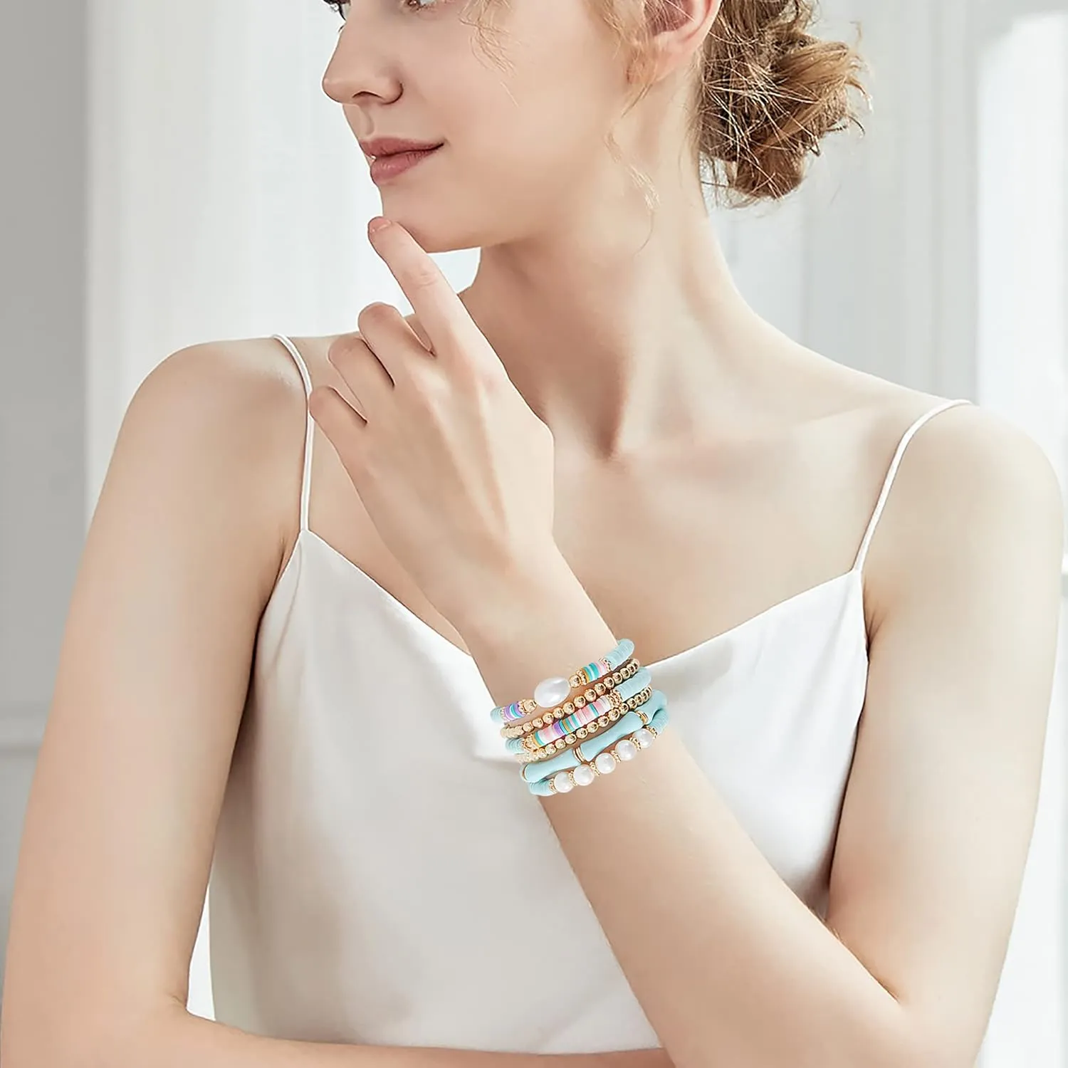 Heishi Gold Beaded Bracelet Set for Women Stackable Colorful Acrylic Tube Polymer Clay Pearl Bead Stretch Bracelets Summer Beach Bohemian Bracelets Jewelry for Women
