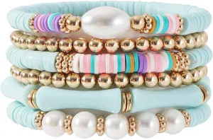 Heishi Gold Beaded Bracelet Set for Women Stackable Colorful Acrylic Tube Polymer Clay Pearl Bead Stretch Bracelets Summer Beach Bohemian Bracelets Jewelry for Women