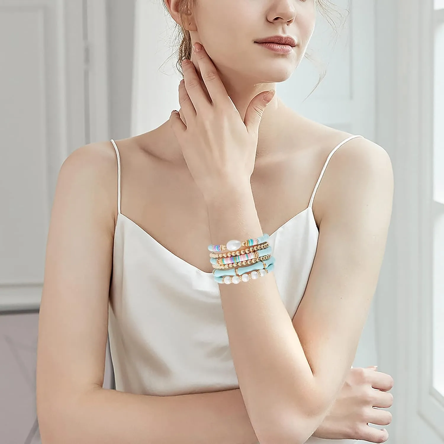 Heishi Gold Beaded Bracelet Set for Women Stackable Colorful Acrylic Tube Polymer Clay Pearl Bead Stretch Bracelets Summer Beach Bohemian Bracelets Jewelry for Women