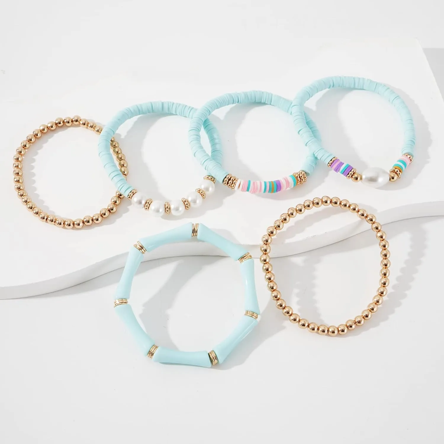 Heishi Gold Beaded Bracelet Set for Women Stackable Colorful Acrylic Tube Polymer Clay Pearl Bead Stretch Bracelets Summer Beach Bohemian Bracelets Jewelry for Women