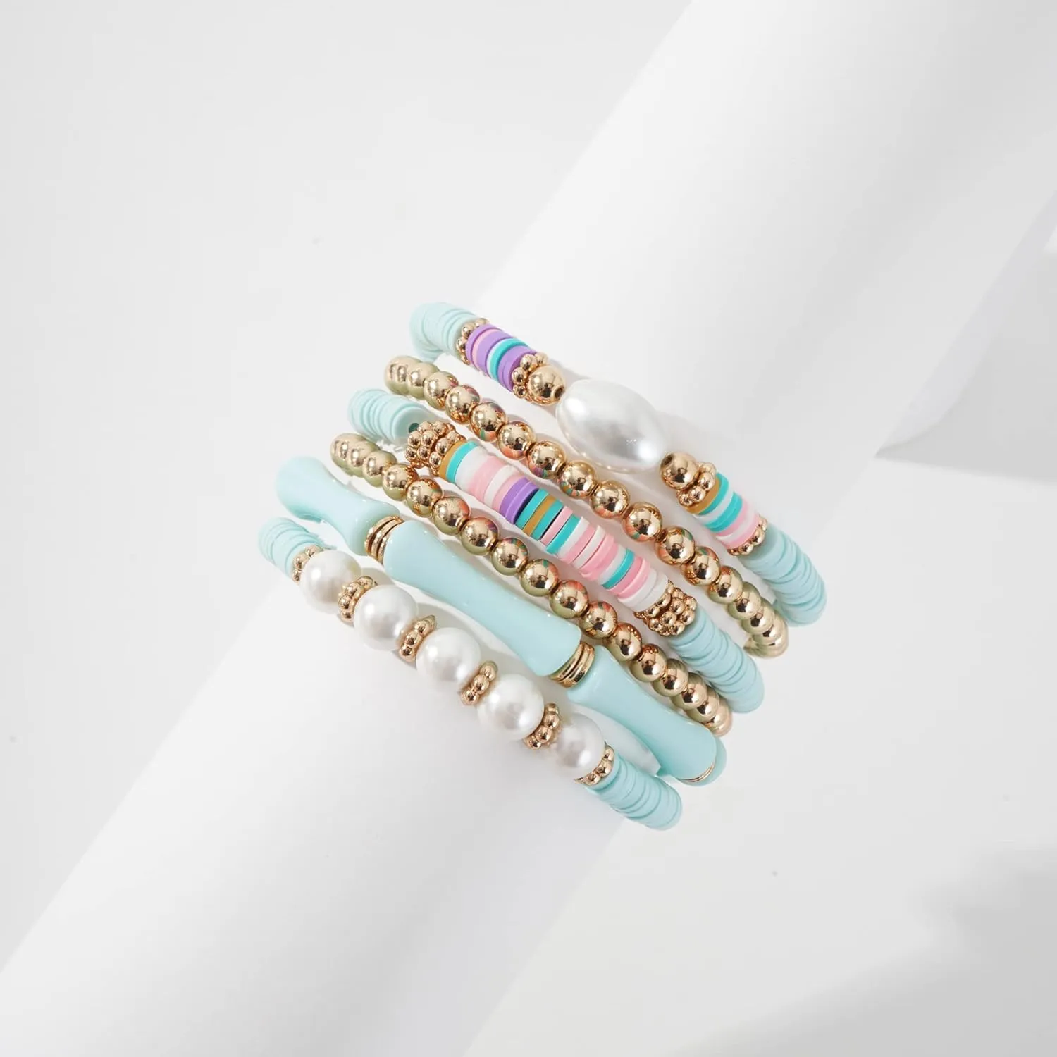 Heishi Gold Beaded Bracelet Set for Women Stackable Colorful Acrylic Tube Polymer Clay Pearl Bead Stretch Bracelets Summer Beach Bohemian Bracelets Jewelry for Women