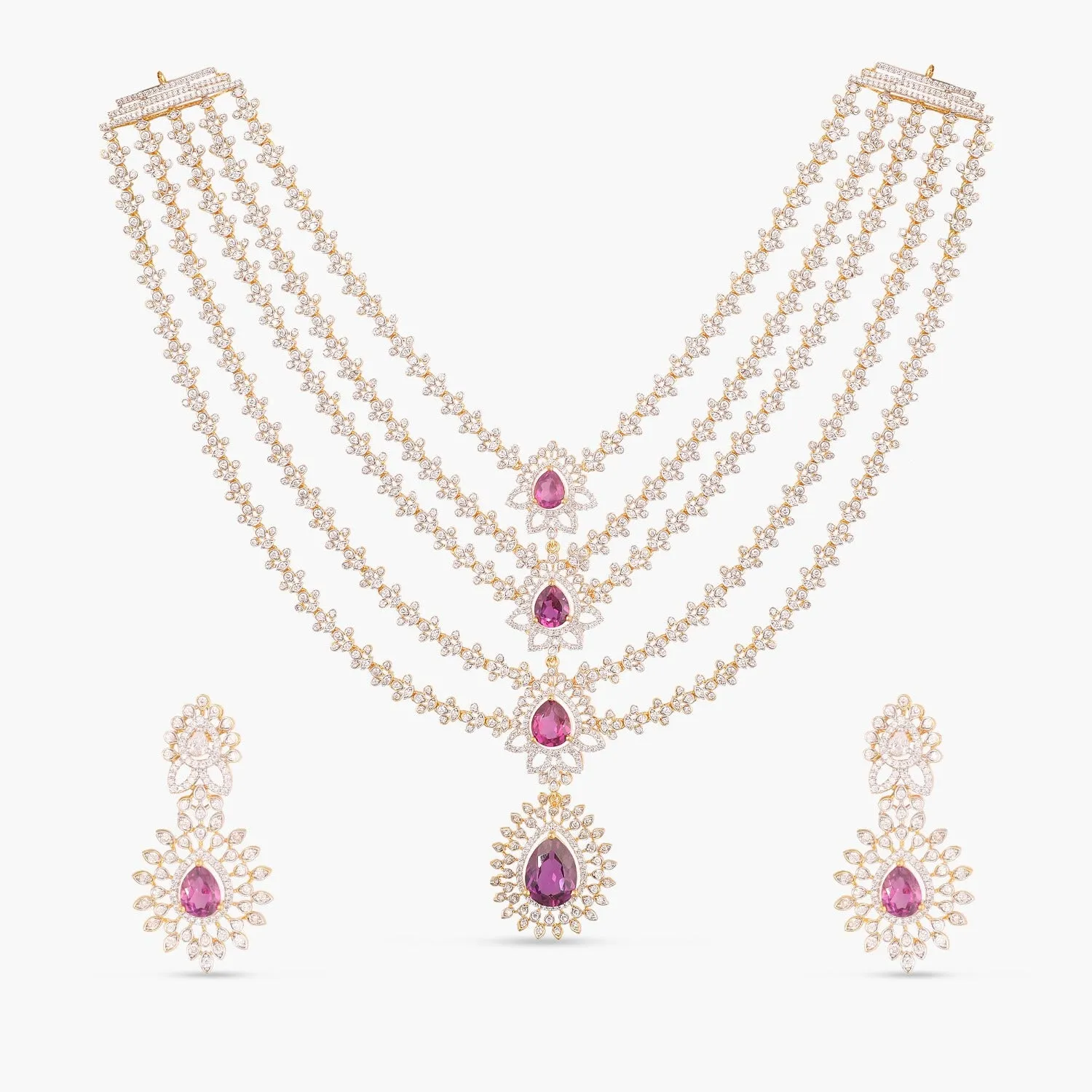 Pink Serenity Multi-Layered Silver CZ Necklace Set