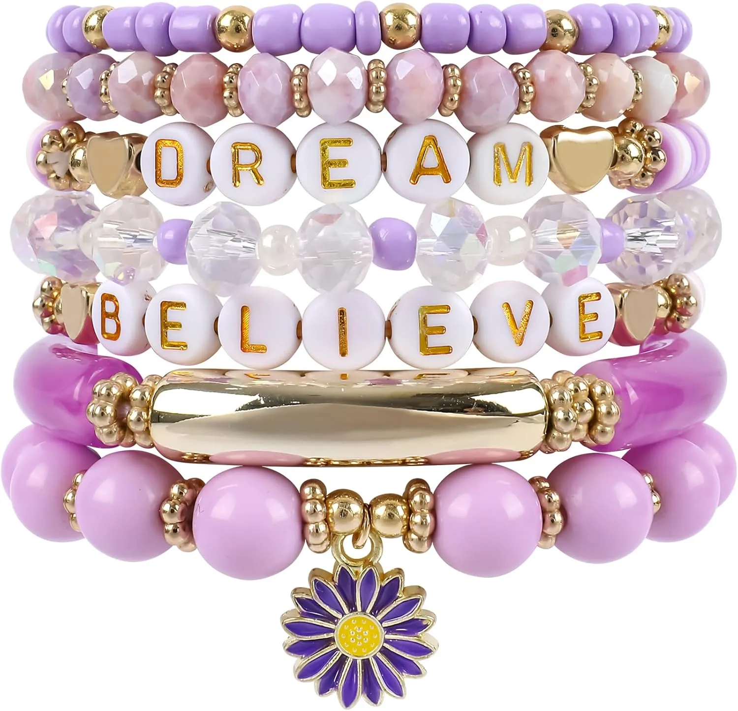 Purple Beaded Bracelet for Women Daisy Charm 7Pcs Bohemian Stackable Glass Stretch Bracelets Multilayered Letter Crystal Beads Bracelets Set Acrylic Tube Bangle Summer Jewelry Gift for Teens