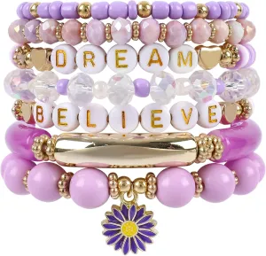 Purple Beaded Bracelet for Women Daisy Charm 7Pcs Bohemian Stackable Glass Stretch Bracelets Multilayered Letter Crystal Beads Bracelets Set Acrylic Tube Bangle Summer Jewelry Gift for Teens
