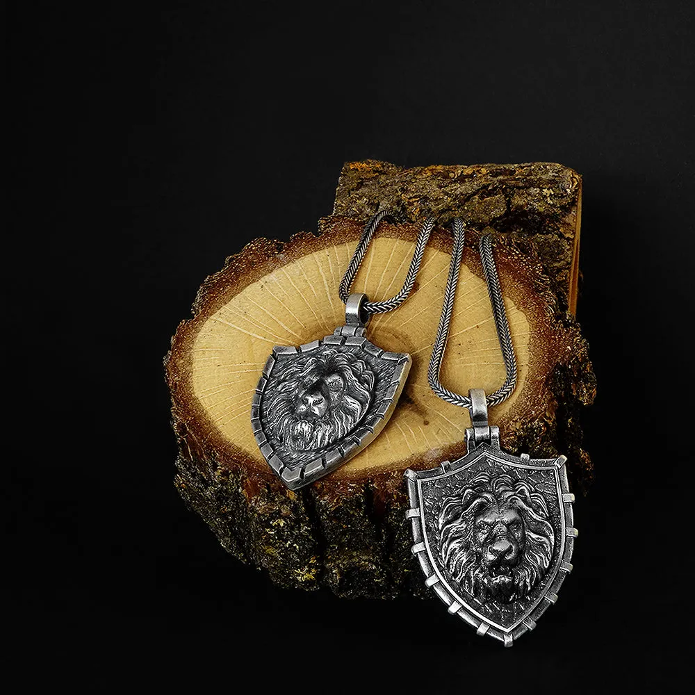 Sterling Silver Lion Head Mens Shield Pendant Necklace with 925 Silver Chain
