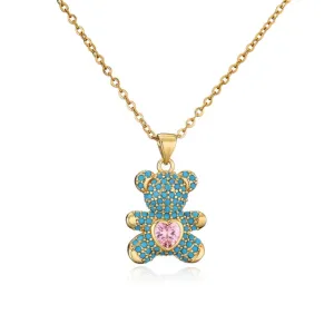 Teddy Bear Heart Shape Pave Cubic Zirconia Pendant Necklace