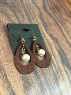 Wood Teardrop Earrings with Pearl Insert
